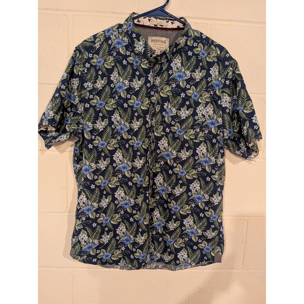 HERITAGE Report Collection Shirt Men XL Blue Hawaiian Floral 100% Cotton